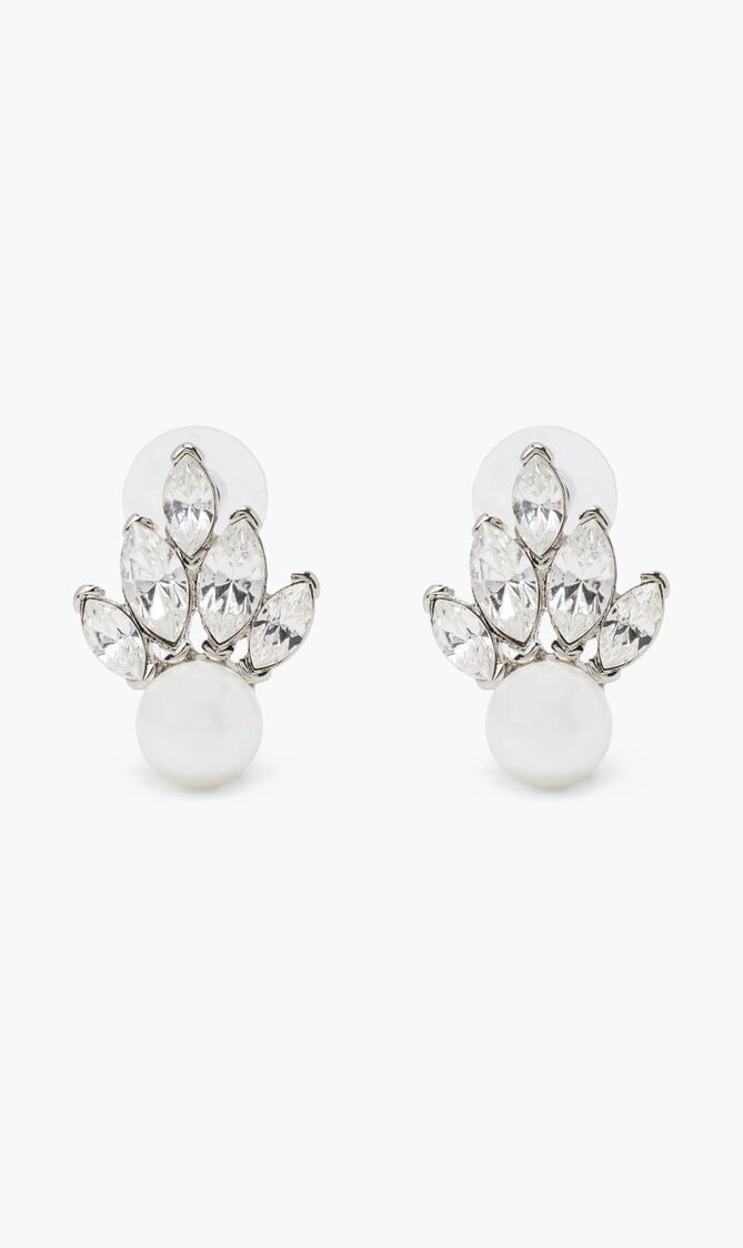 Kjy Silver/Crystal White Pearl Fan Pierced Earring