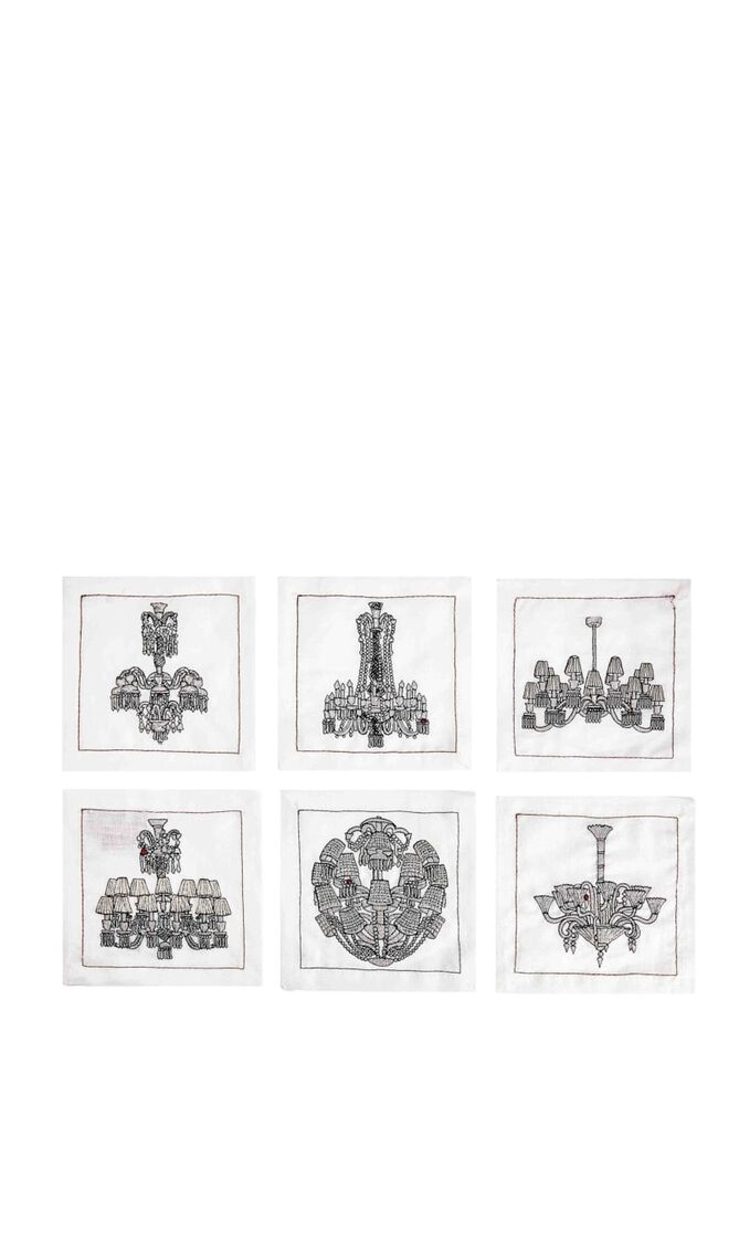 Chandeliers Cocktail Napkins in White & Gunmetal, Set of 6