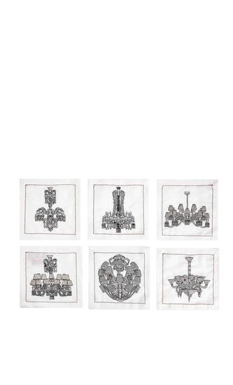 Chandeliers Cocktail Napkins in White & Gunmetal, Set of 6