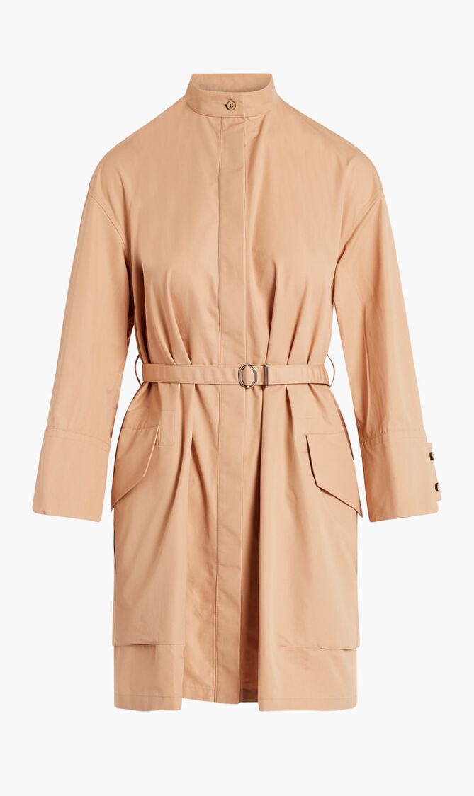 Collarless Belted Cotton Trench Coat