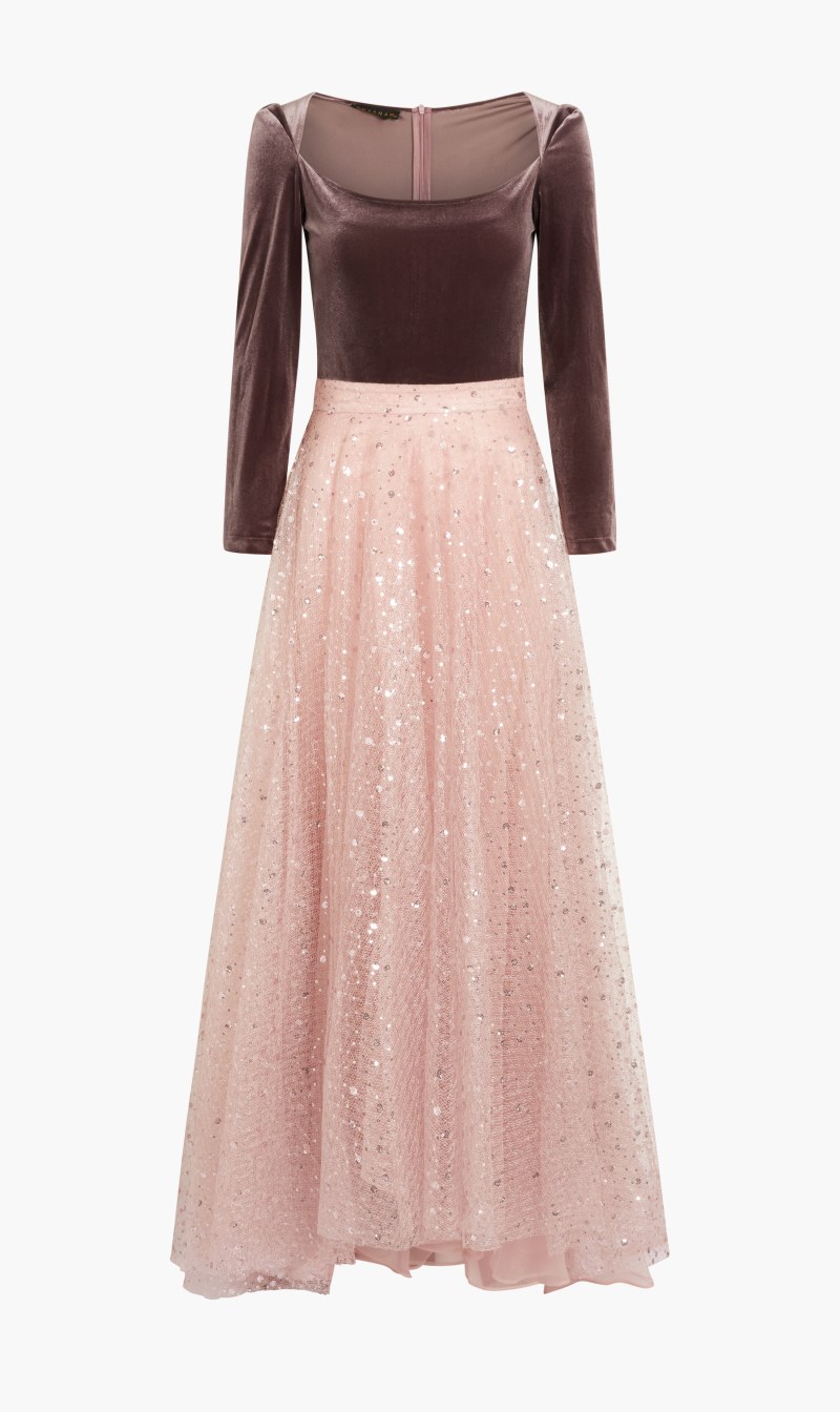 

Tuvanam Pink Velvet Top & Sequined Glittered Tulle Long Skirt for Women | The Deal Outlet