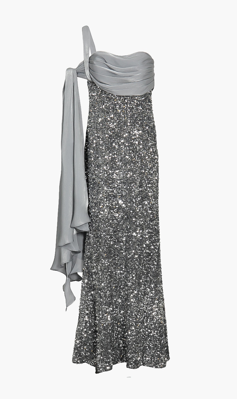 

Badgley Mischka Silver Sparkling Cross-draped Gown for Women | The Deal Outlet