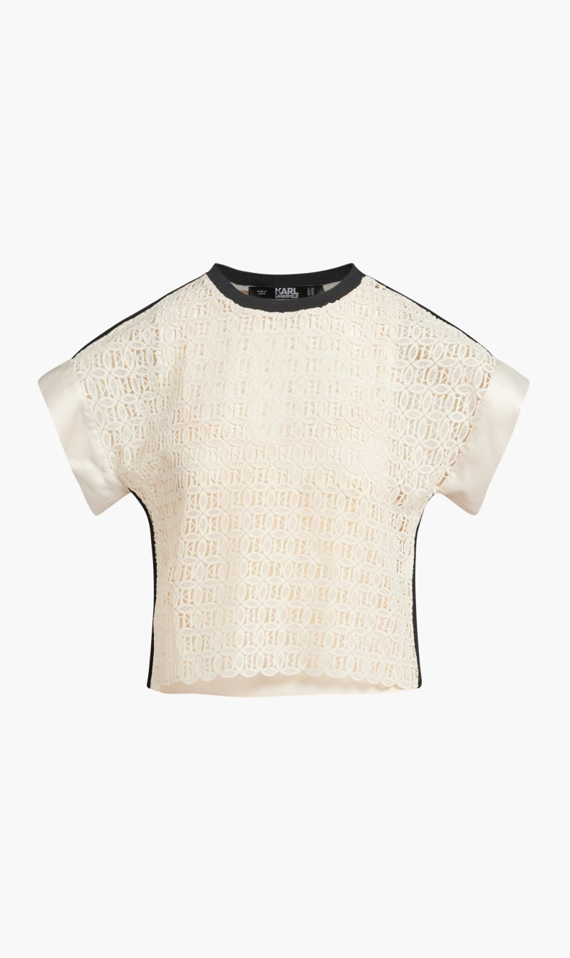 

Karl Lagerfeld White Kl Embroidered Sslv Lace Top for Women | The Deal Outlet