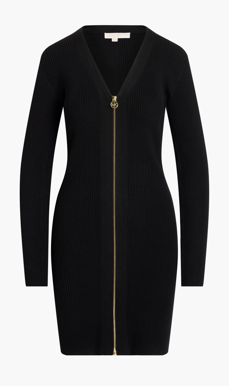 

Michael Kors Black Ribbed V Neck Zipped Dress for Women | The Deal Outlet