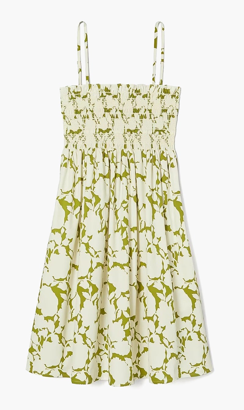 

Tory Burch Green Printed Smocked Mini Dress for Women | The Deal Outlet