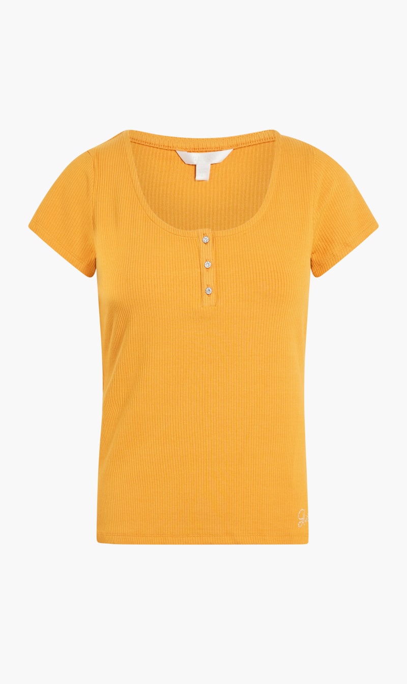 

Guess Orange Karlee Jewel Button Henley T-shirt for Women | The Deal Outlet