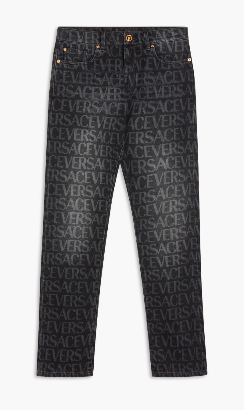 

Versace Black Pant Denim Mitchel Fit Black Denim Fabric Series Allover Logo Laser for Men | The Deal Outlet