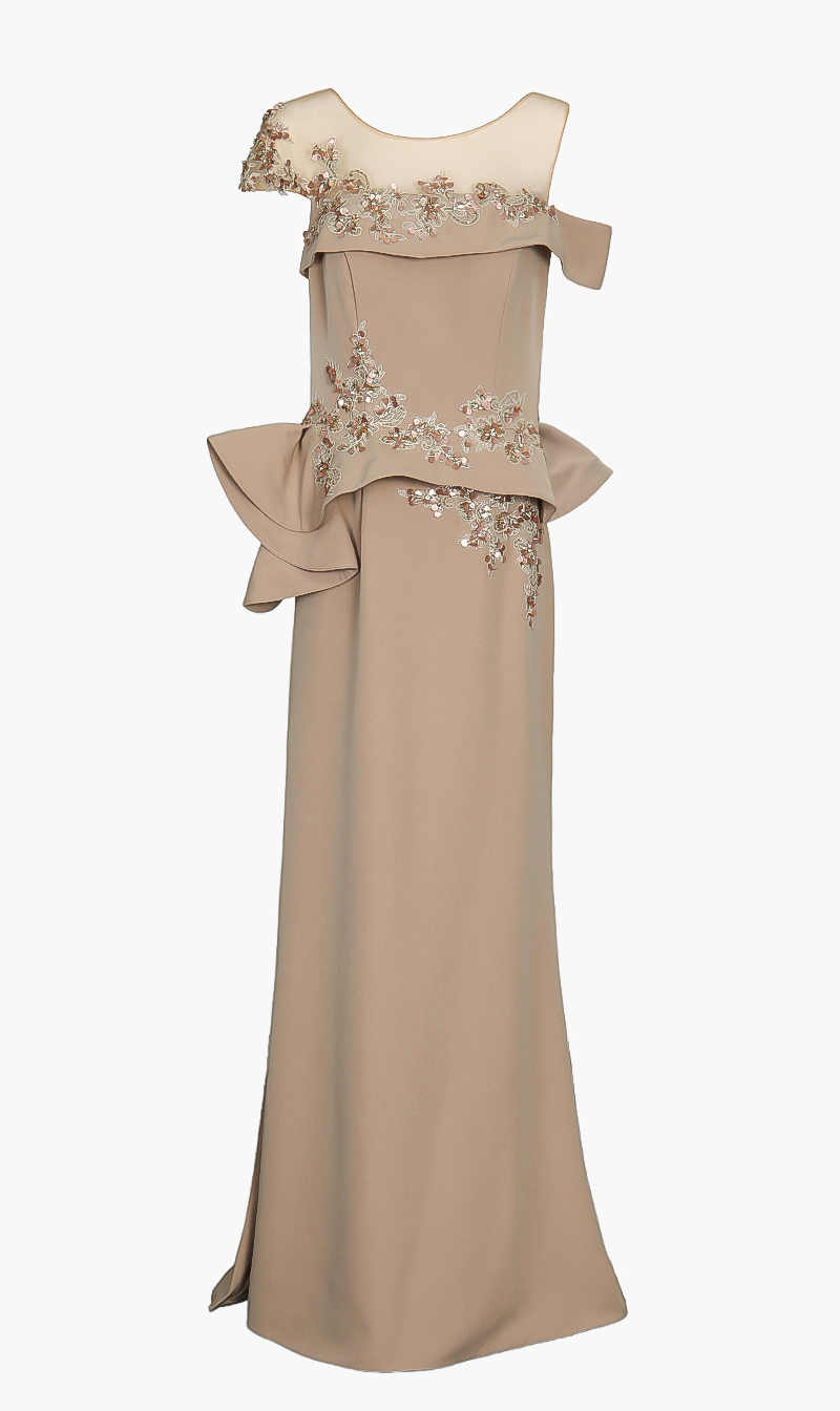 

Terani Couture Beige Off Shoulder Stretch Gown Dress for Women | The Deal Outlet