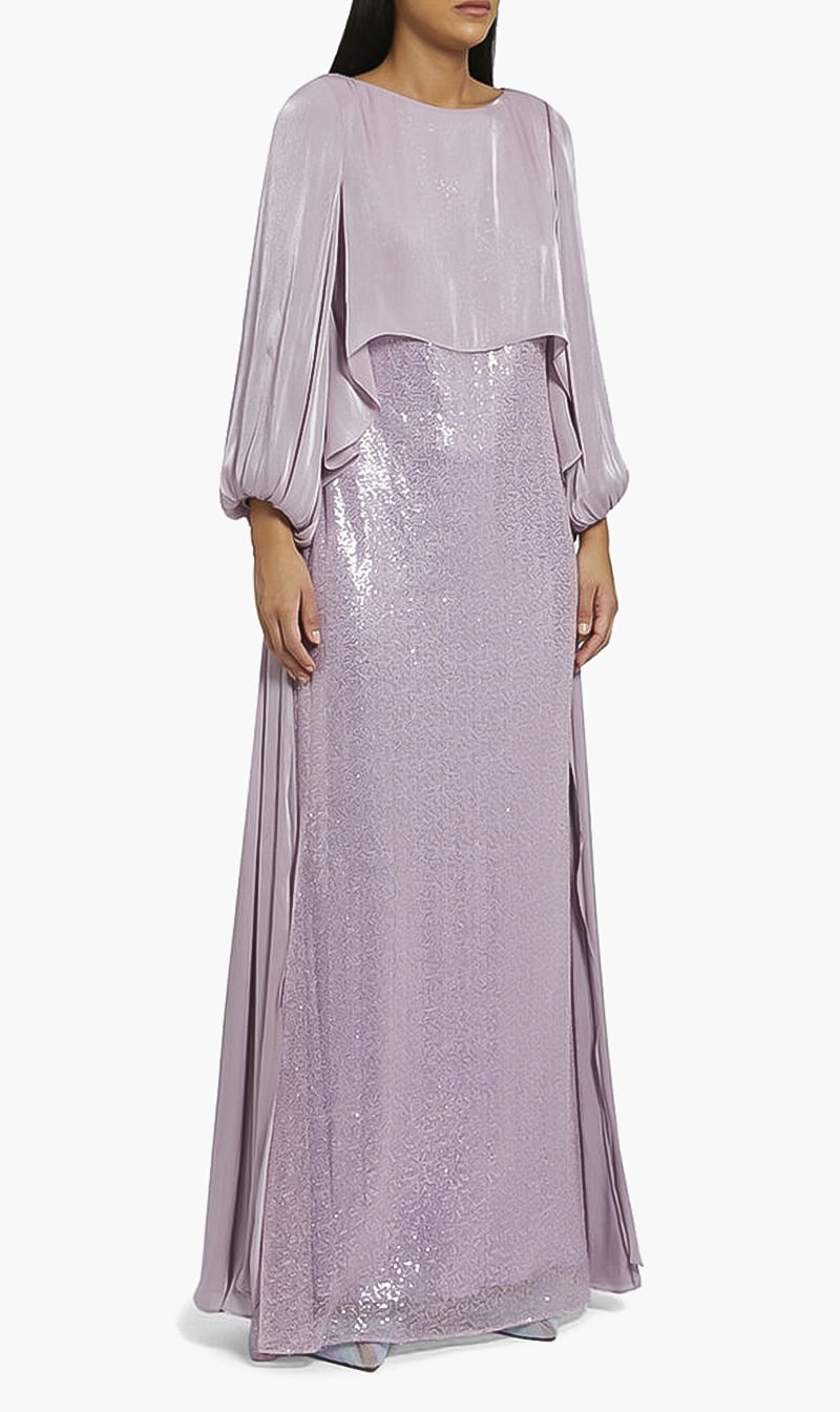 

Badgley Mischka Purple Maxi Long Sleeve Dress for Women | The Deal Outlet