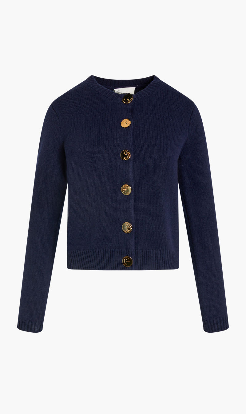 

Tory Burch Blue Logo Button Wool Cardigan for Women | The Deal Outlet