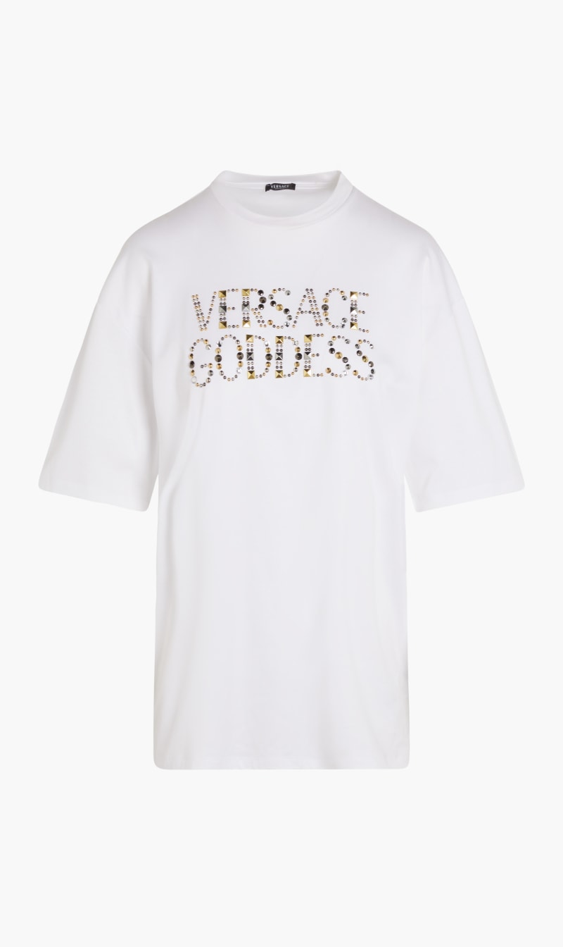 

Versace White Tshirt Rn Relaxed Ss Jersey Embellished Versace Goddess for Women | The Deal Outlet