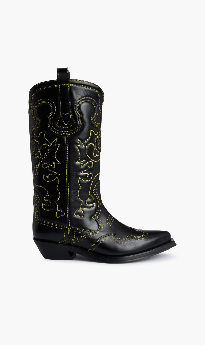 

Ganni Black Mid Shaft Embroidered Western Boot Yellow St for Women | The Deal Outlet