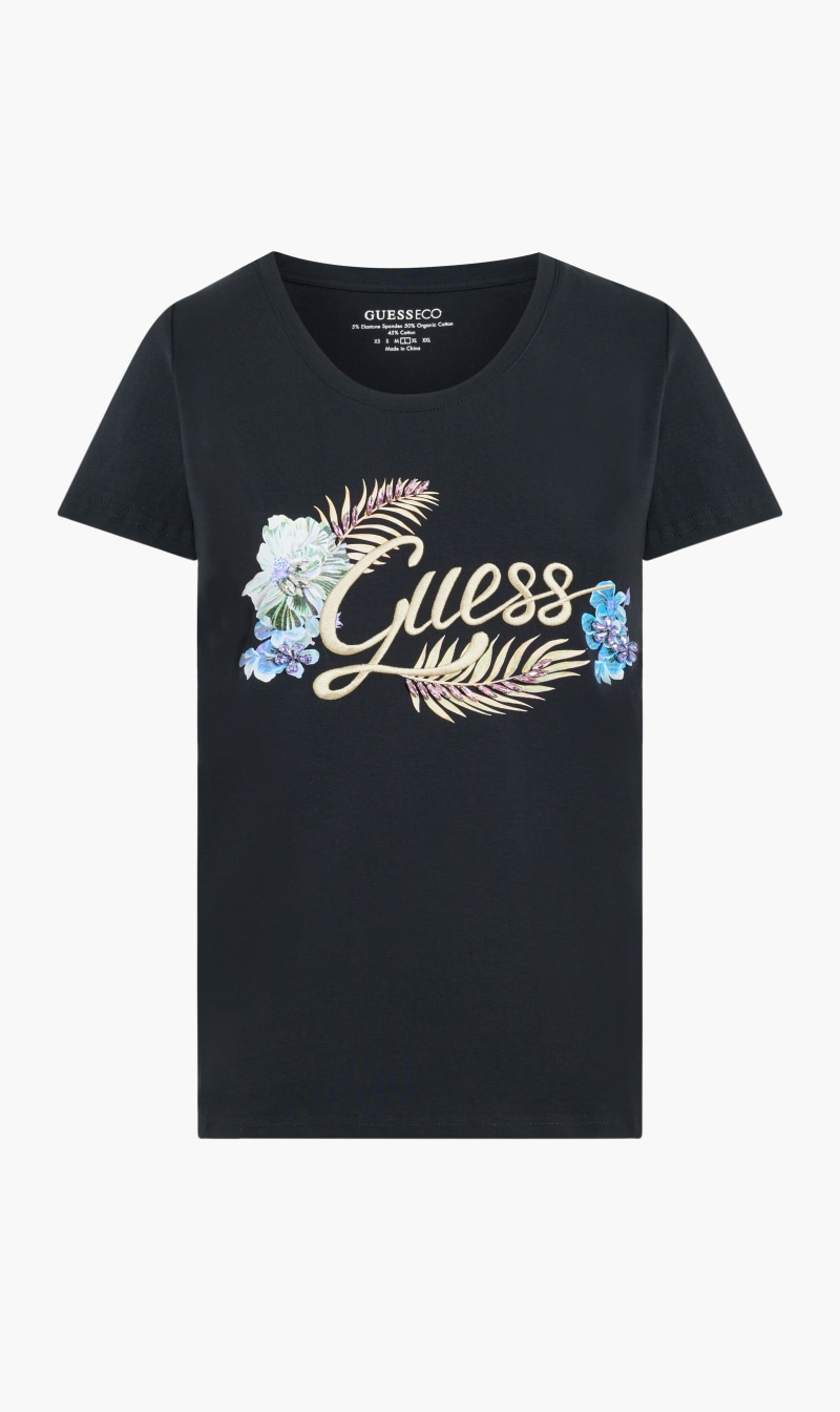 

Guess Black Embellish Logo Mid Organic Stretch Jersey T-shirt for Women | The Deal Outlet