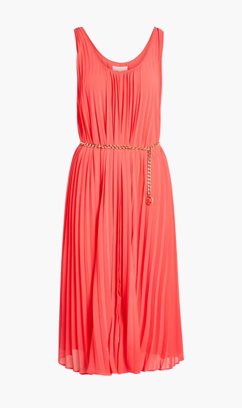 

Michael Kors Red Pleated Satin Belted Slip Dress for Women | The Deal Outlet