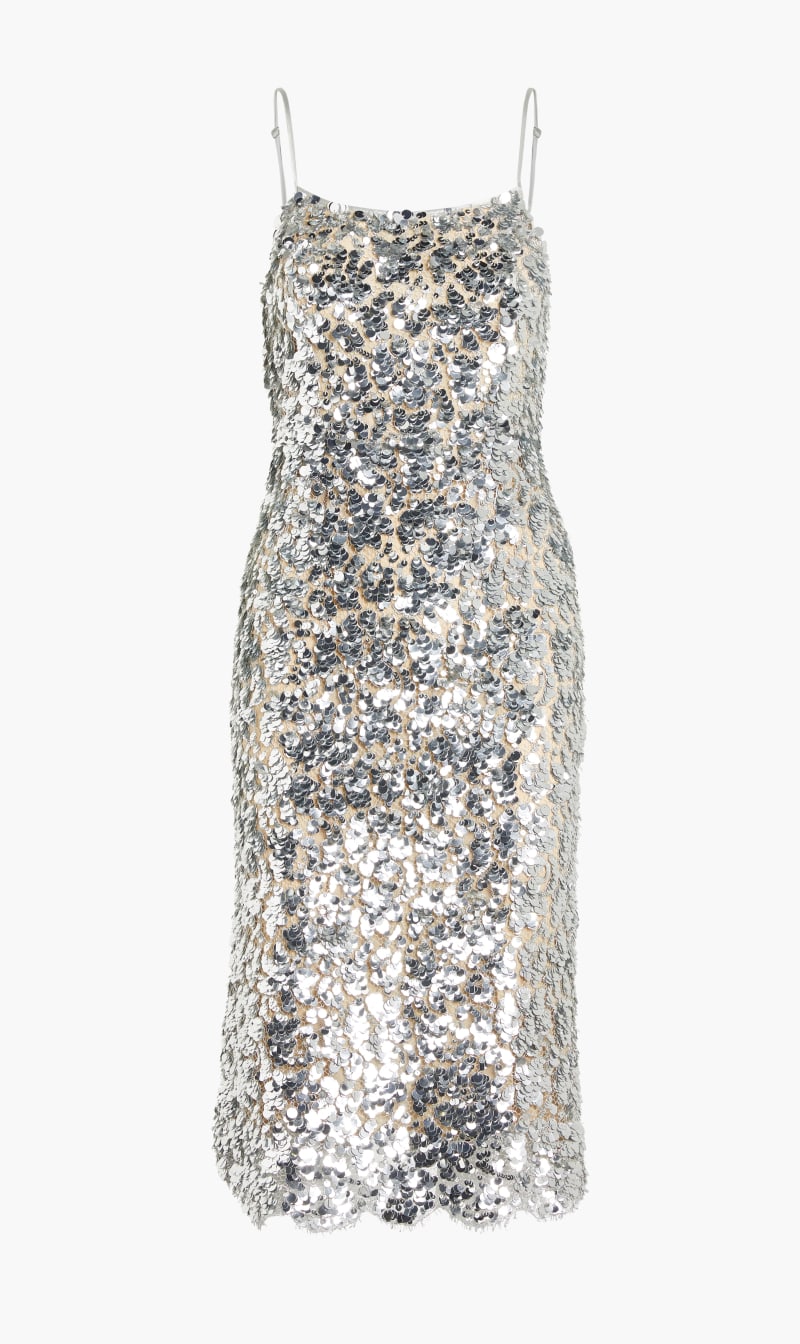 

Metallic Lace Palette Slip Dress, Silver