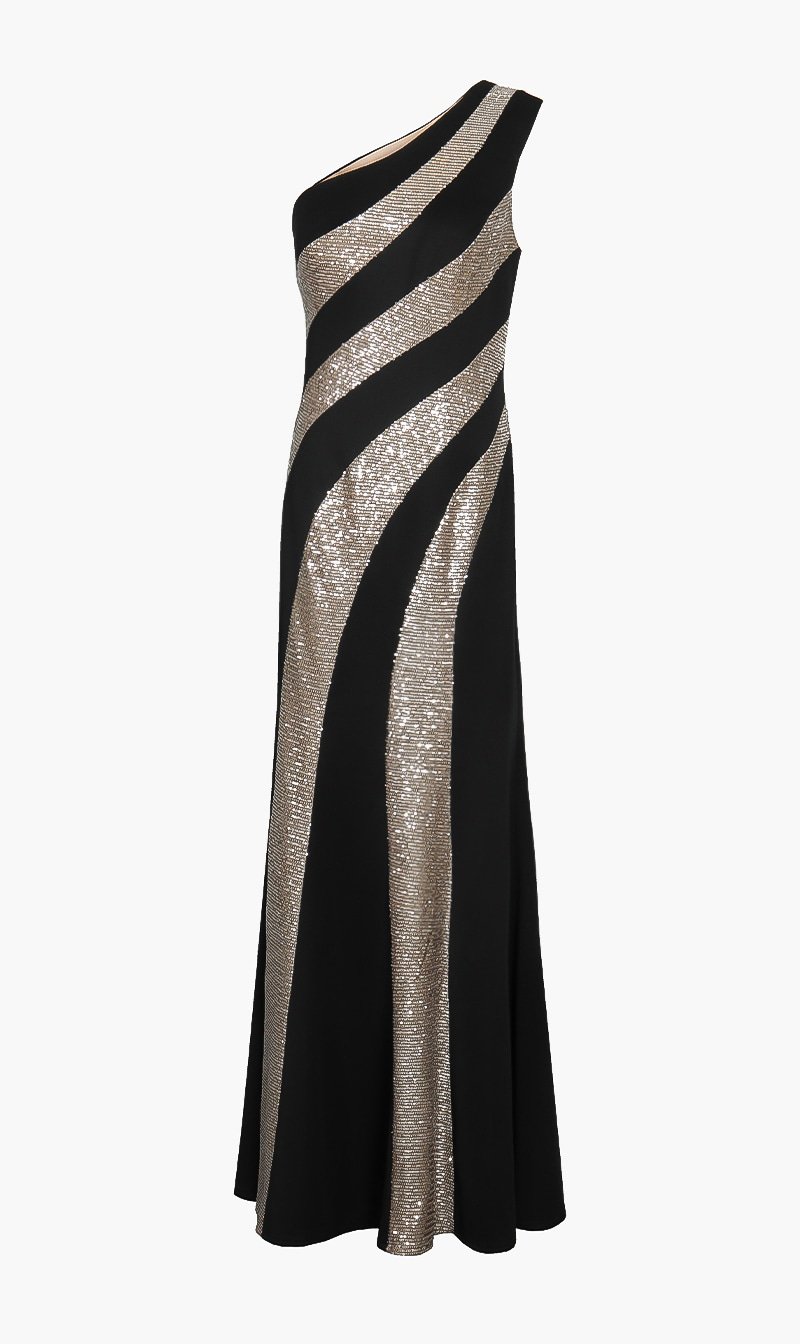 

Basix Black Label Black One Shoulder Sequin Striped Gown for Women | The Deal Outlet