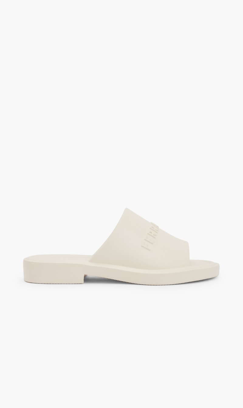 

Salvatore Ferragamo White Giuneva Logo Slides for Women | The Deal Outlet