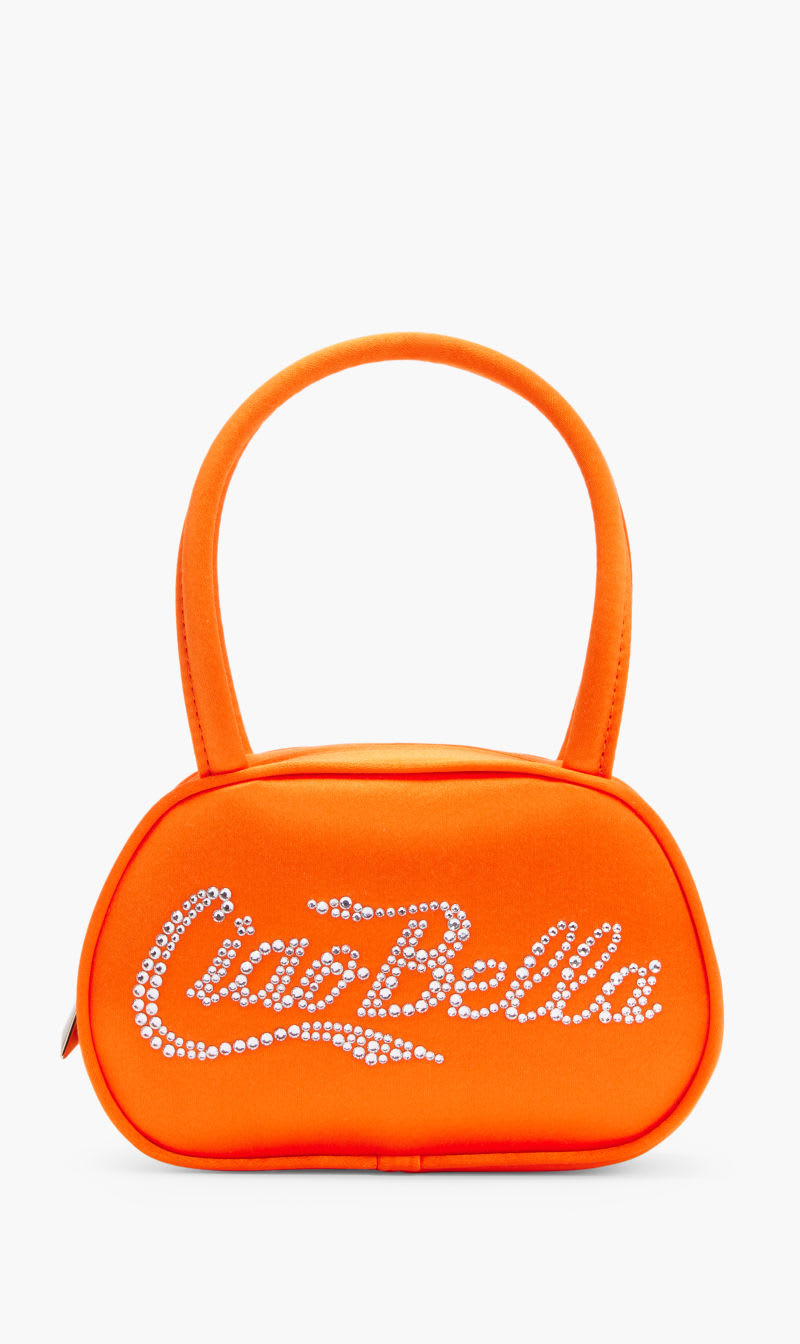 

Amina Muaddi Orange Superamini Bella Satin Orange & White Crystals for Women | The Deal Outlet