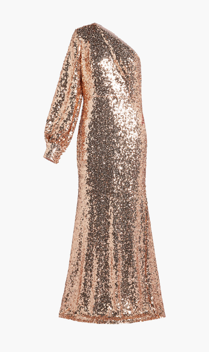 

Sequined One Shoulder Bishop Sleeve Trumpet Gown, Pink