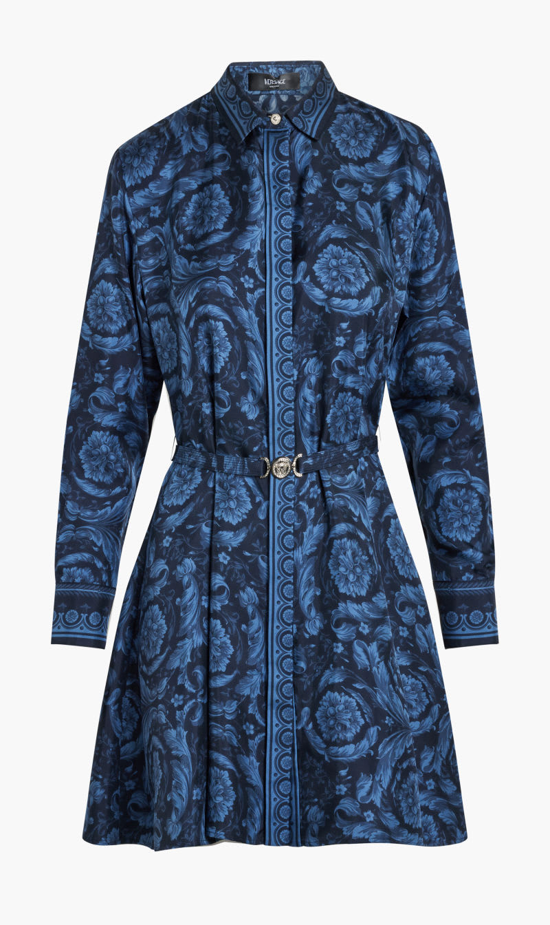 

Versace Blue Dress Silk Twill Fabric Barocco Print for Women | The Deal Outlet