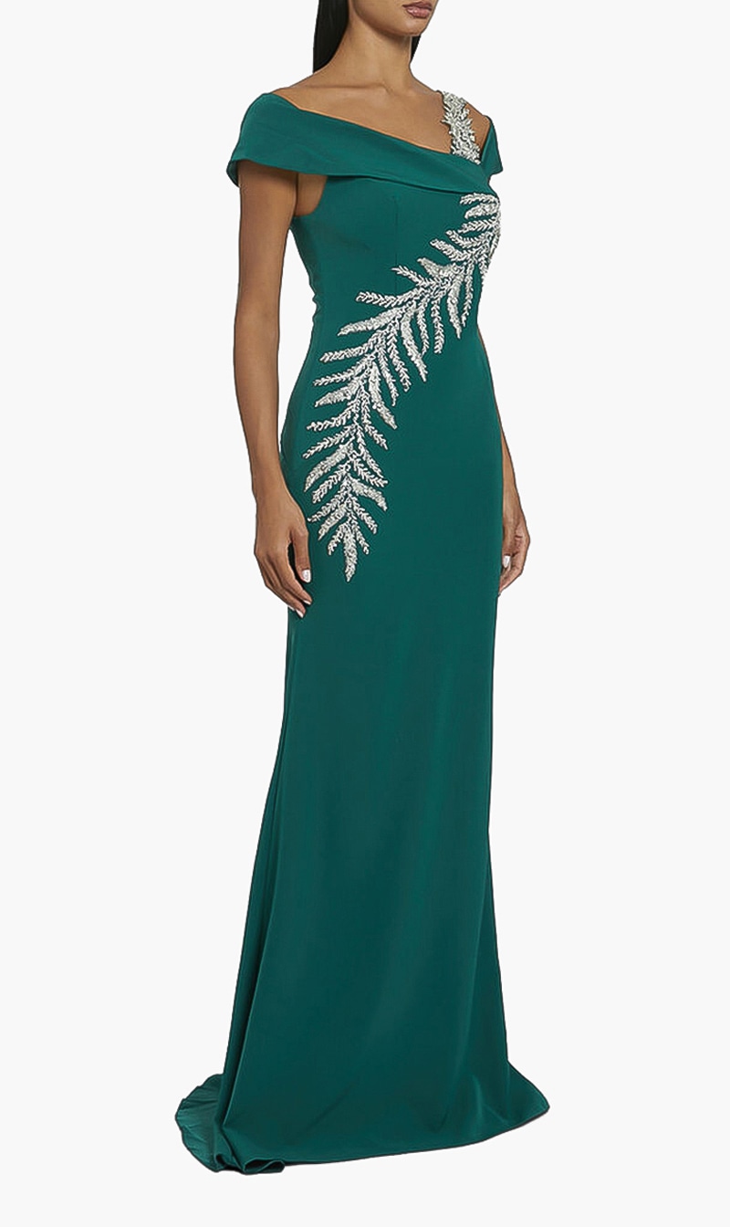 

One-shoulder Embellished Gown, Green