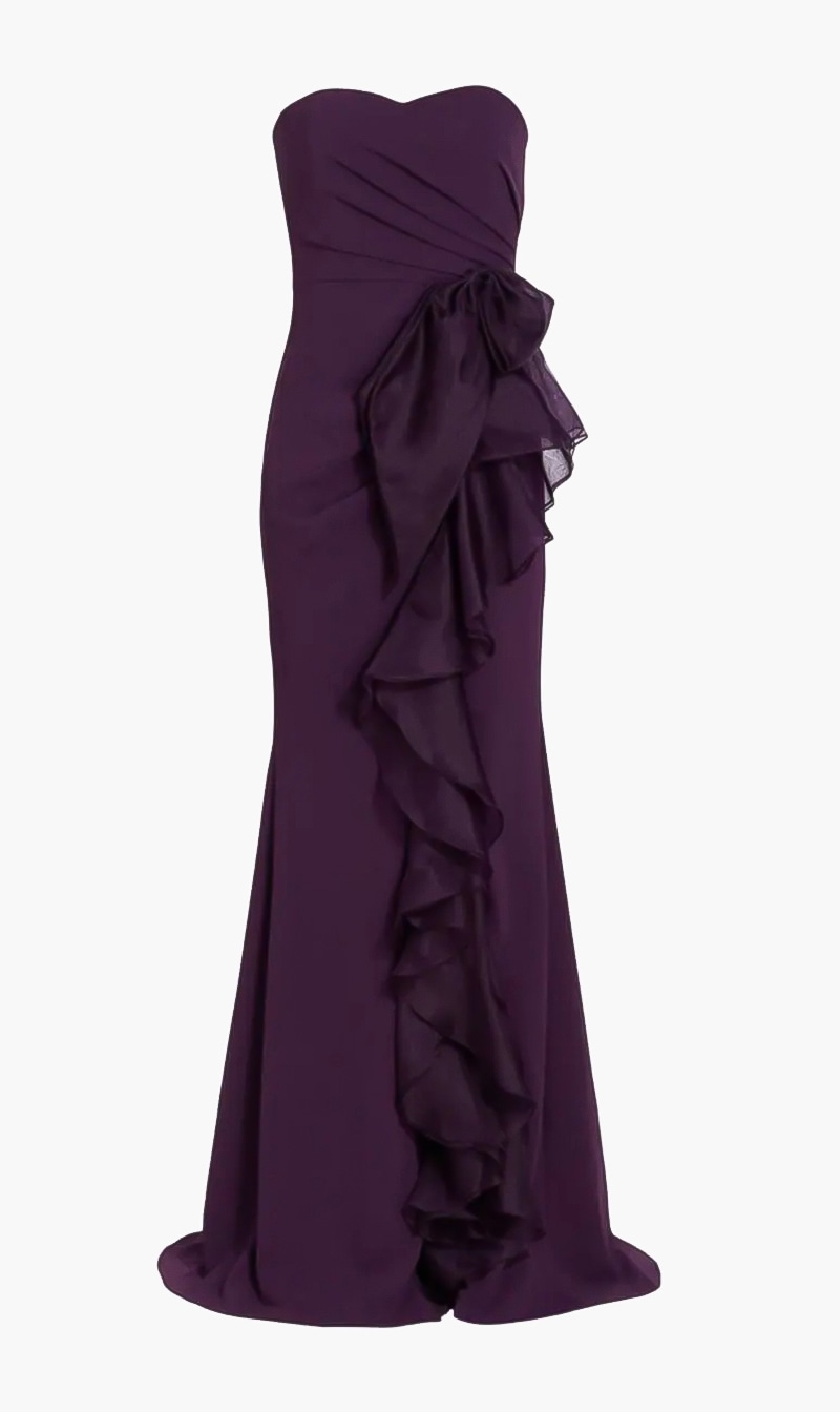 

Badgley Mischka Purple Strapless Ruffle Gown for Women | The Deal Outlet