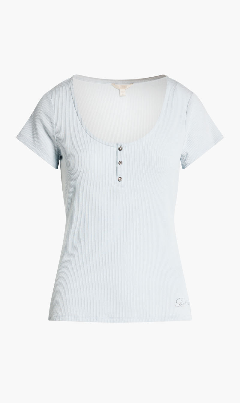 

Guess Blue Karlee Jewel Button Henley T-shirt for Women | The Deal Outlet