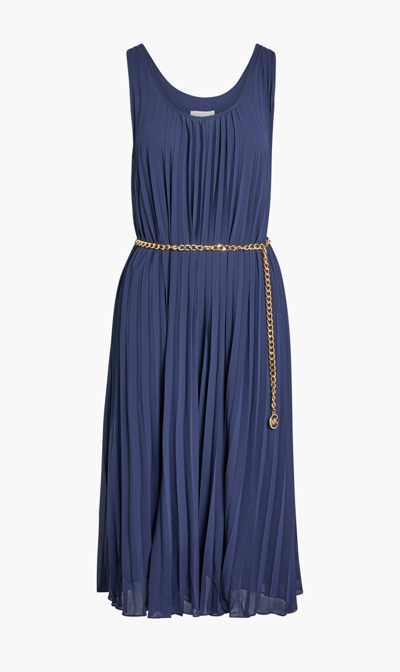 

Michael Kors Blue Pleated Satin Belted Slip Dress for Women | The Deal Outlet