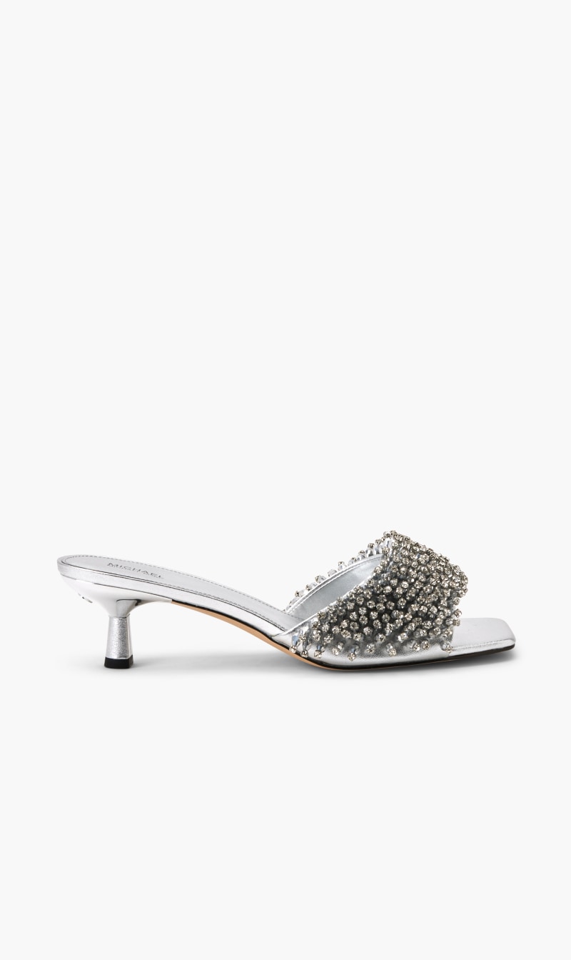 

Michael Kors Silver Amal Kitten Sandal for Women | The Deal Outlet