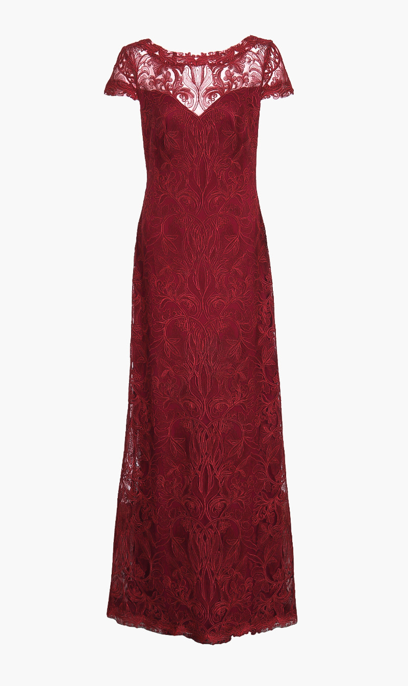 

Cap Sleeves Corded Lace Gown, Red