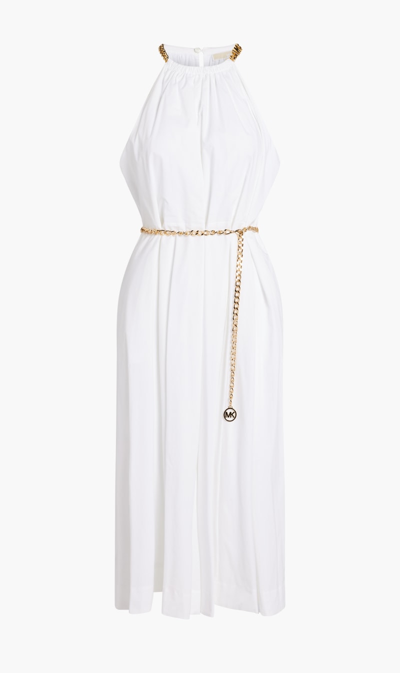 

Michael Kors White Chain Neck Organic Stretch Cotton Halter Dress for Women | The Deal Outlet