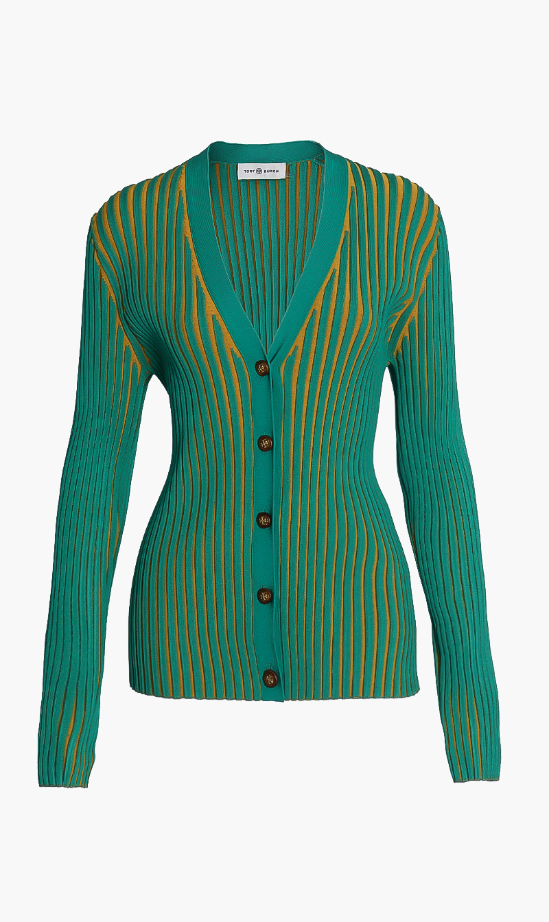 

Tory Burch Green Plaited Rib Cardigan for Women | The Deal Outlet