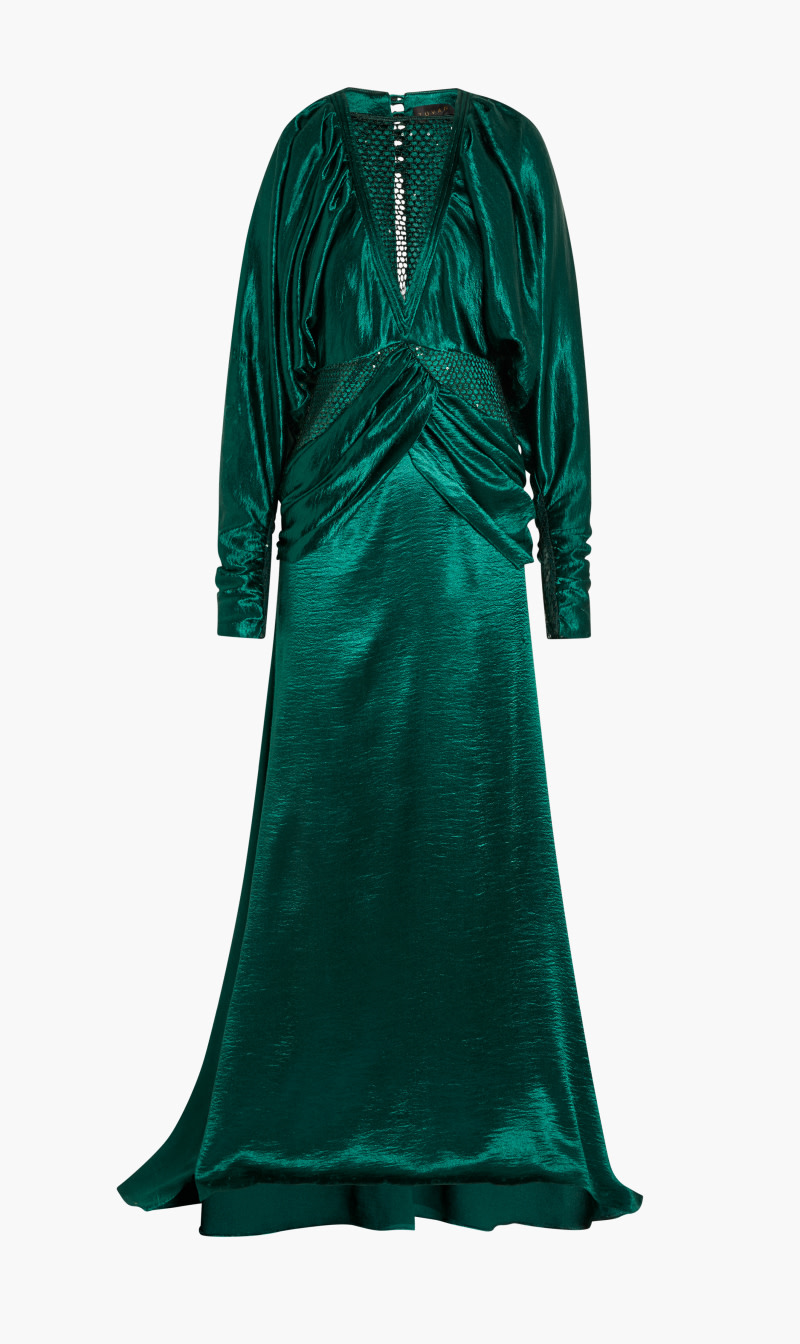 

Mesh Sleeves Satin Pleated Maxi Dress, Green