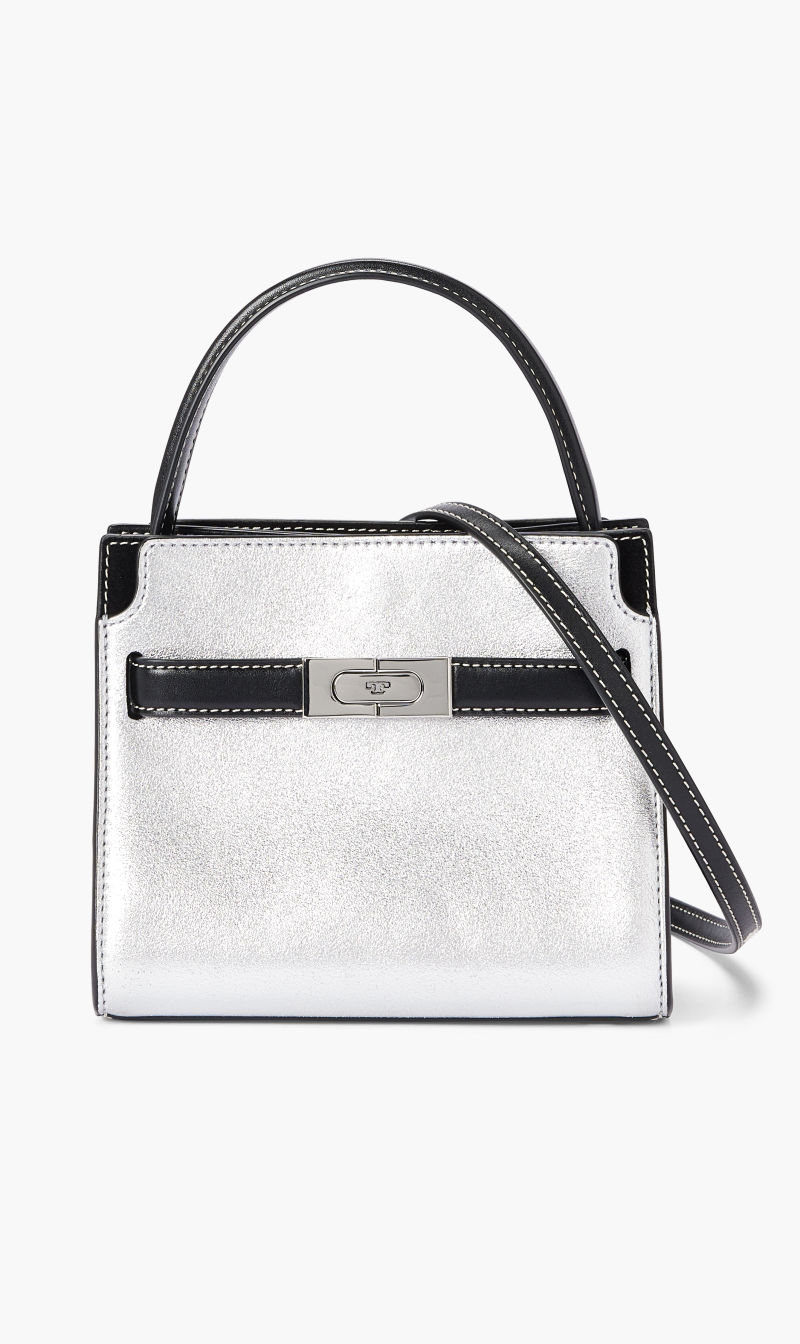 

Tory Burch Silver Lee Radziwill Metallic Petite Double Bag for Women | The Deal Outlet