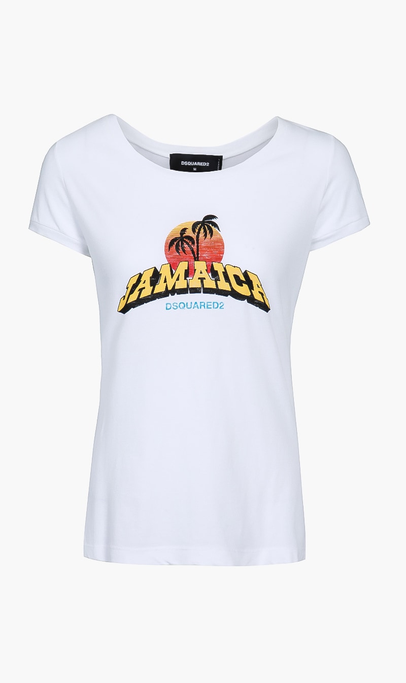 

Dsquared2 White Jamaican Journey Crew Neck Tee for Women | The Deal Outlet