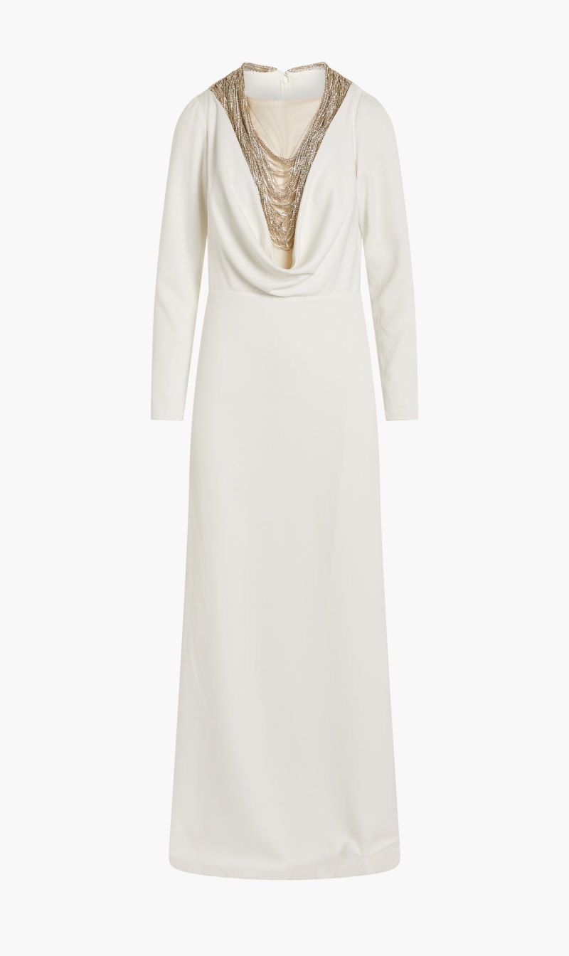 

Felicia - Crepe Cowl-neckline Gown With Draped Crystal Fringe, White