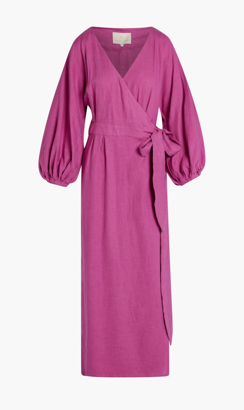 

Cala De La Cruz Pink Lavanda Dress-belted V-neck Dress With Puff Sleeves for Women | The Deal Outlet