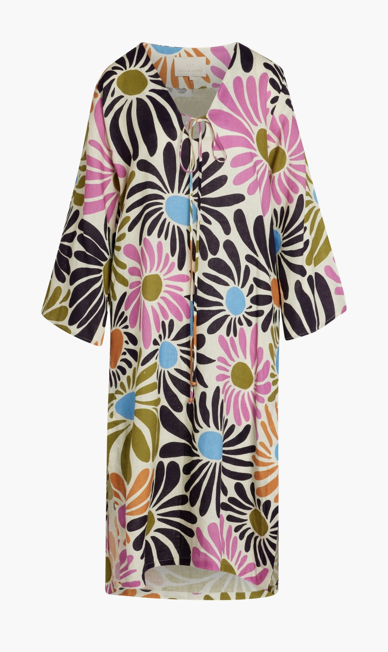 

Cala De La Cruz Pink Beatrice Dress-midi Kimono Sleeve Tunic Dress, With Deep V-neck for Women | The Deal Outlet