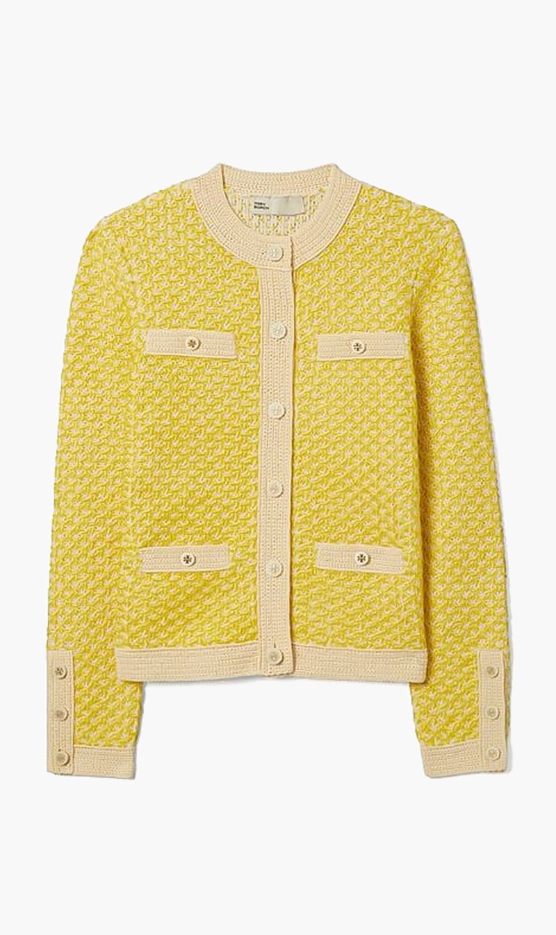 

Tory Burch Yellow Linen Tweed Kendra Cardigan for Women | The Deal Outlet