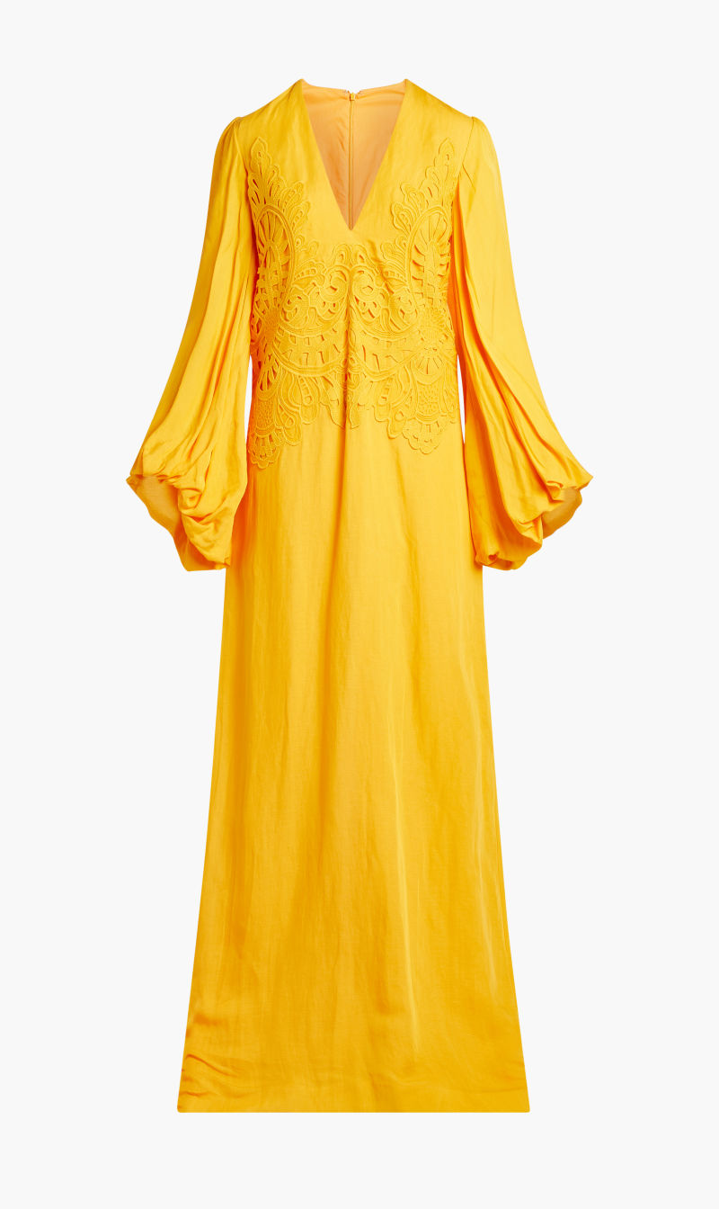 

Costarellos Orange Linen Column Gown With Broderie Anglaise Detail for Women | The Deal Outlet