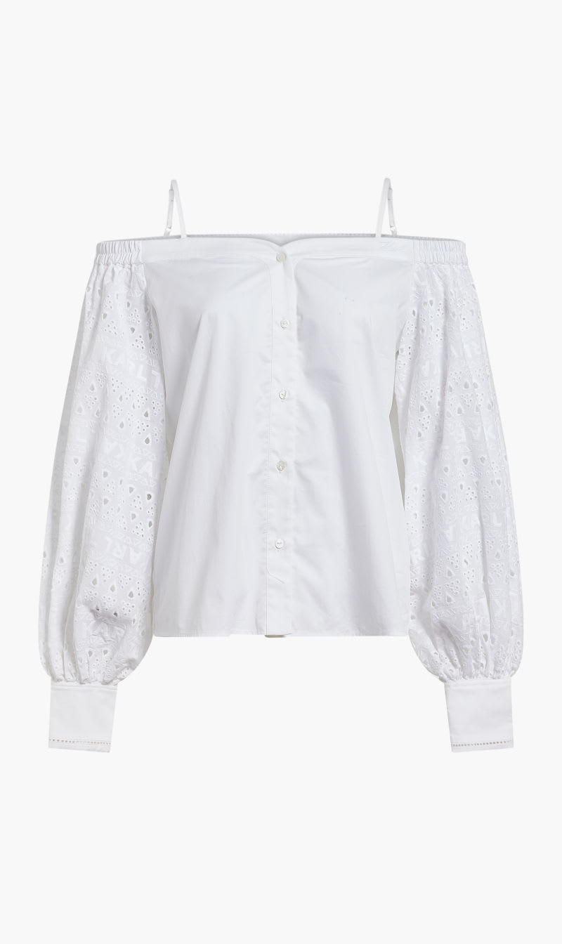 

Karl Lagerfeld White Off Shoulder Embroidery Top for Women | The Deal Outlet