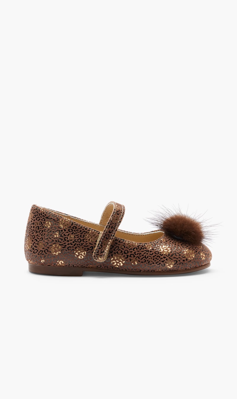 

Babywalker Brown Pon Pon Embellished Printed Leather Ballerinas for Kids | The Deal Outlet