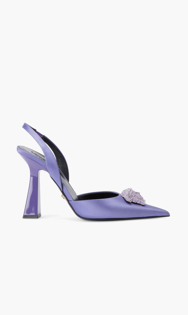 

Versace Purple Sling Back Pumps 105 Crys Medusa Satin for Women | The Deal Outlet