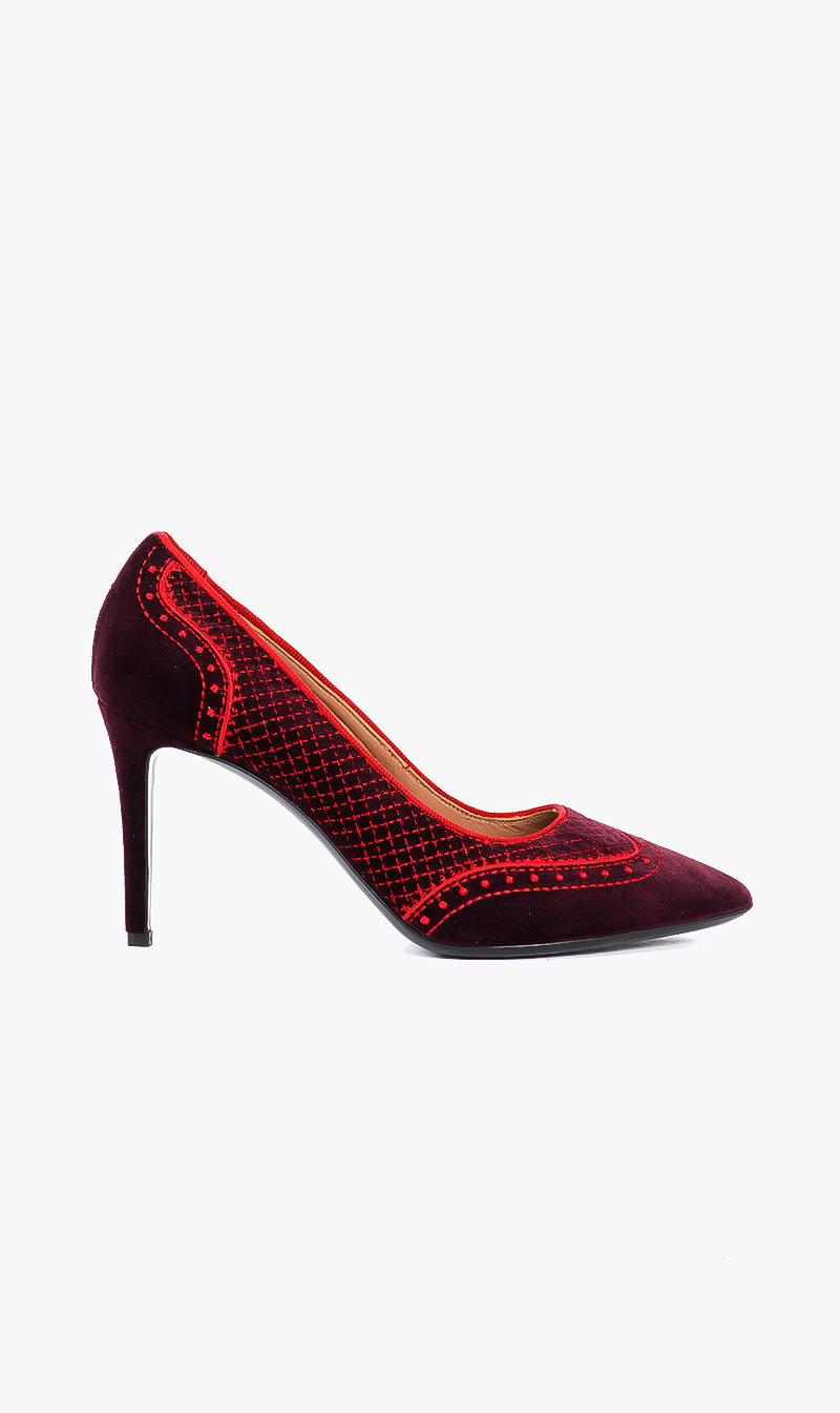 

Velvet Embroidered Pumps, Red