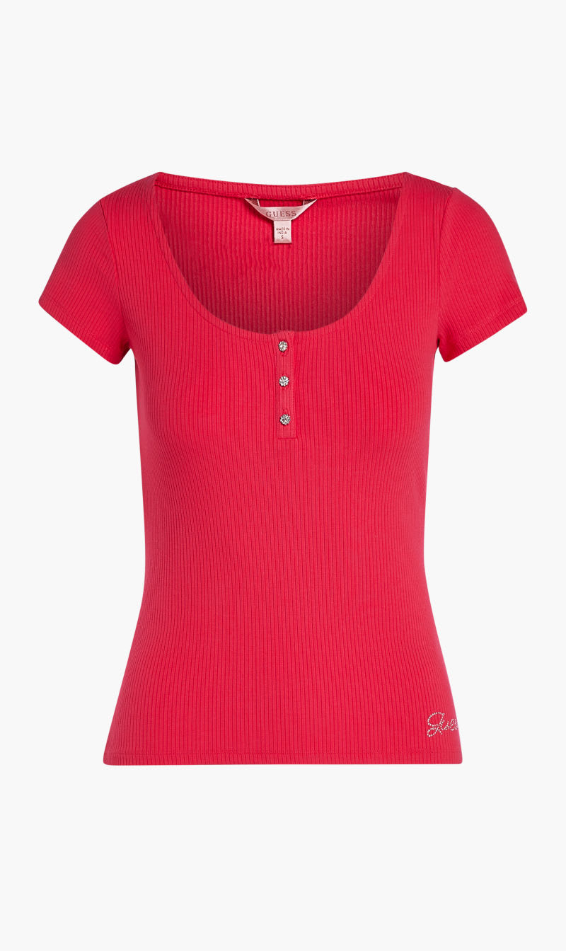 

Guess Pink Karlee Jewel Button Henley T-shirt for Women | The Deal Outlet