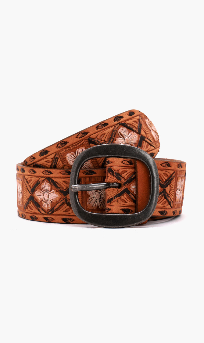 

Floral Engraved Leather Belt, Brown