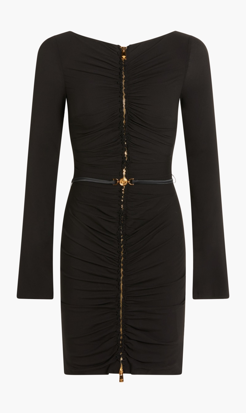 

Dress Mini Ls Belted Zip Ruched Georgette Solid, Black