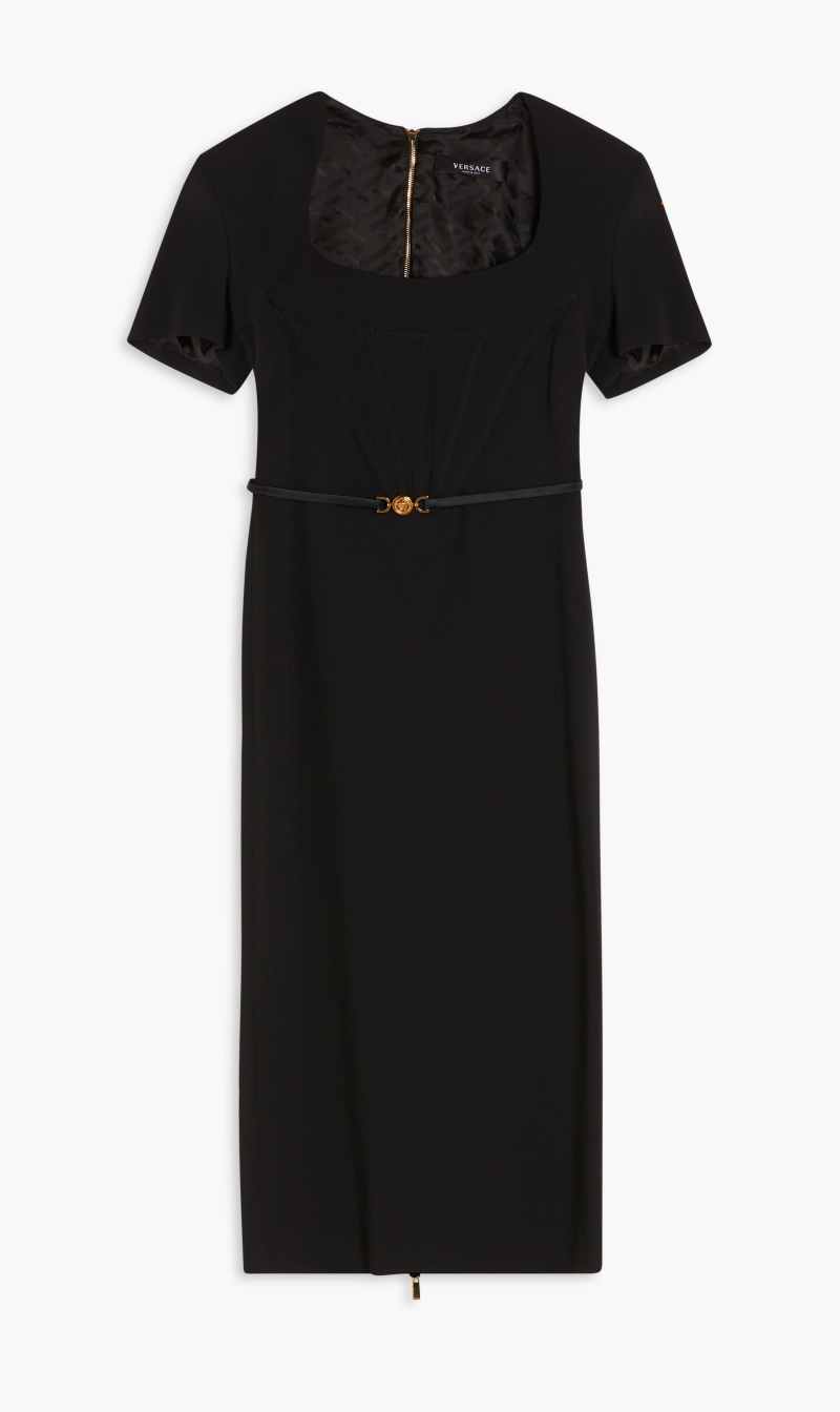 

Versace Black Dress Ss Vittoria Belted Midi Tess Viscose for Women | The Deal Outlet