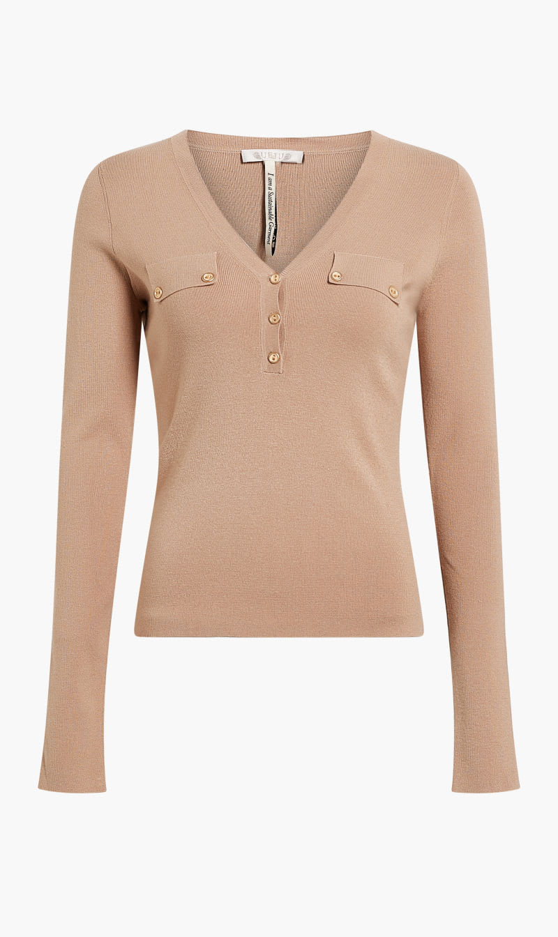 

Guess Beige Ls Flavie Henley Swtr for Women | The Deal Outlet