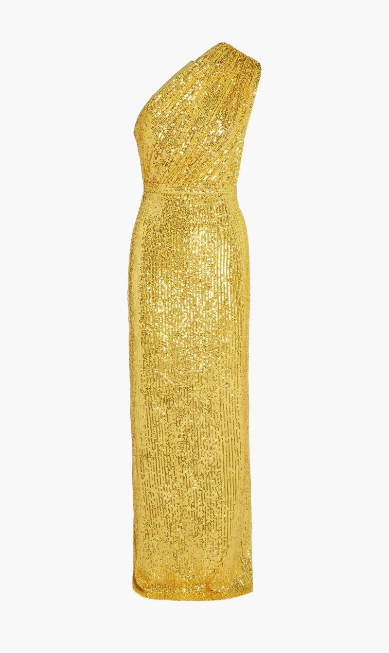 

Mac Duggal Yellow Sequined Ruched One Shoulder Gown for Women | The Deal Outlet